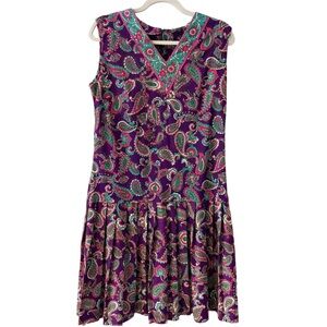 1960s purple and pink paisley drop waist pleated dress vneck
